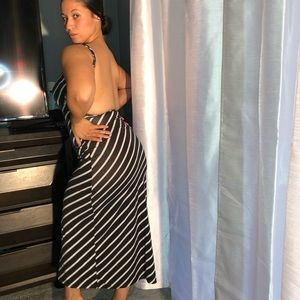 Open Backless Black & White Striped Maxi Dress